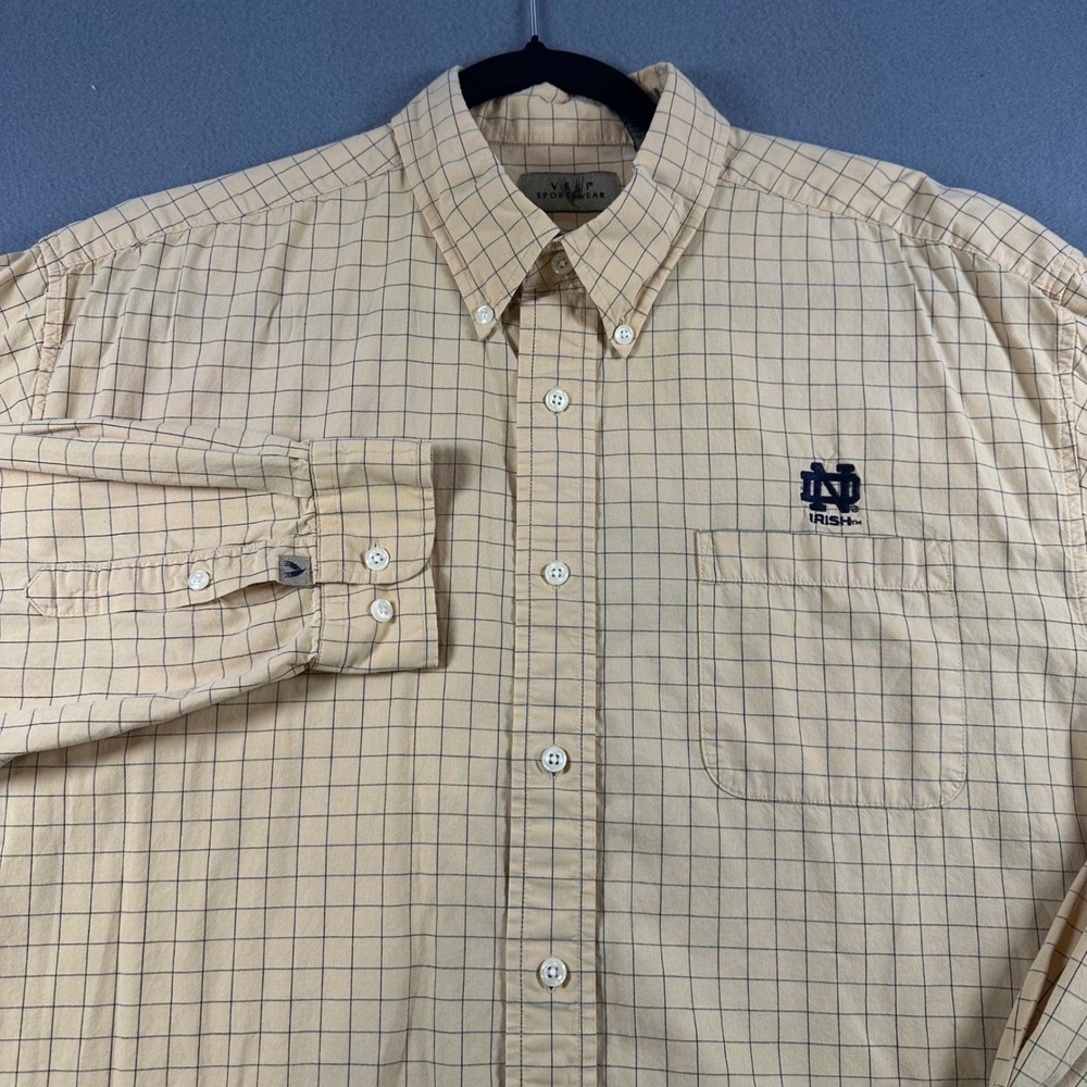 Vesi Sportswear Notre Dame Fighting Irish Button Down Shirt Tan Plaid Mens XL